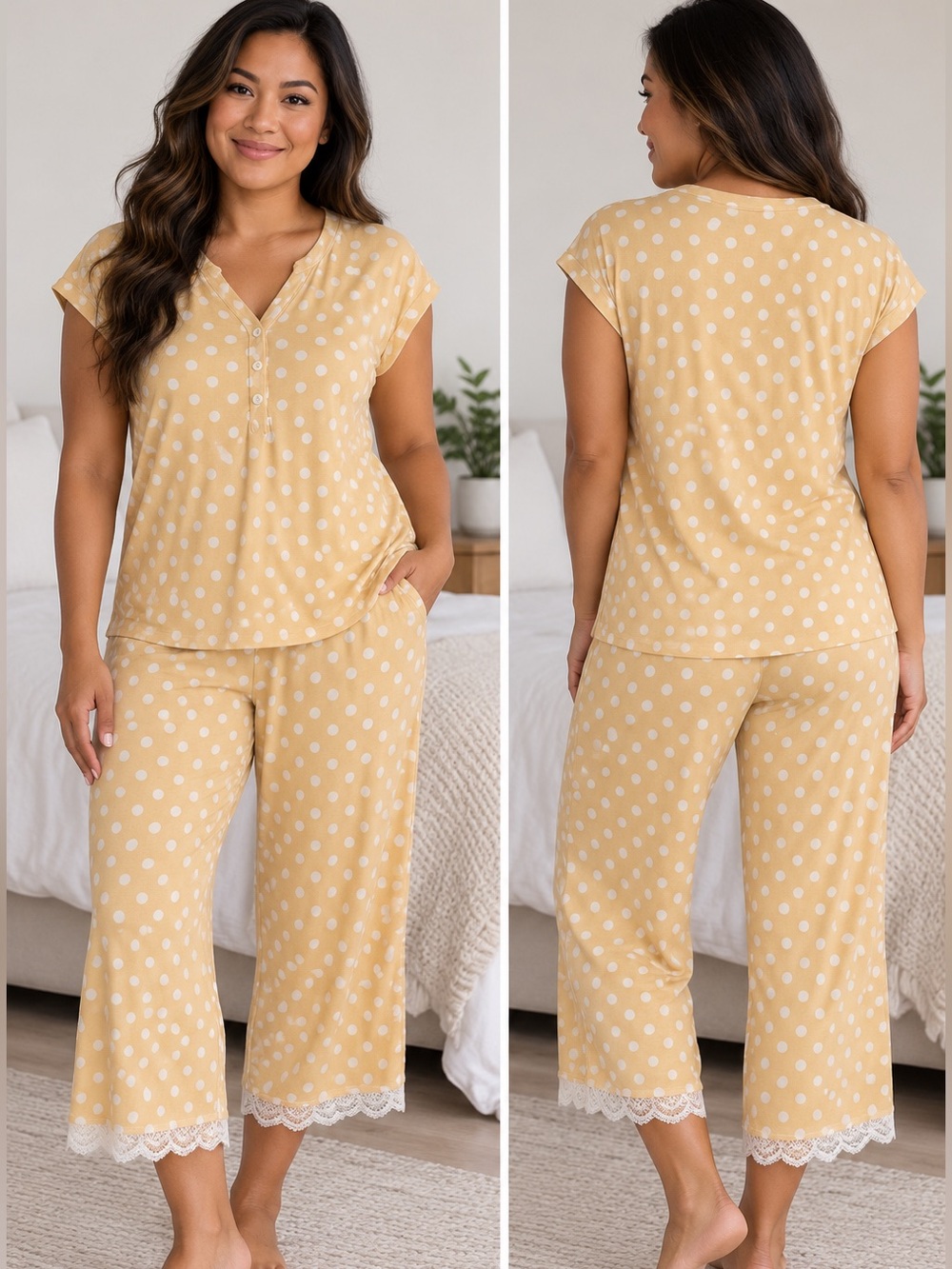 Soma Yellow and White Polka Dot Short Sleeve Pajama Set